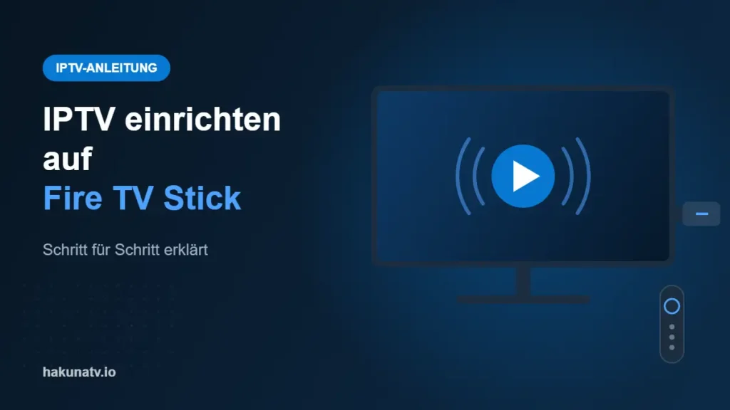 Illustration: Fernseher mit seitlich eingestecktem Streaming-Stick und Fernbedienung, daneben der Text „IPTV einrichten auf Fire TV Stick“