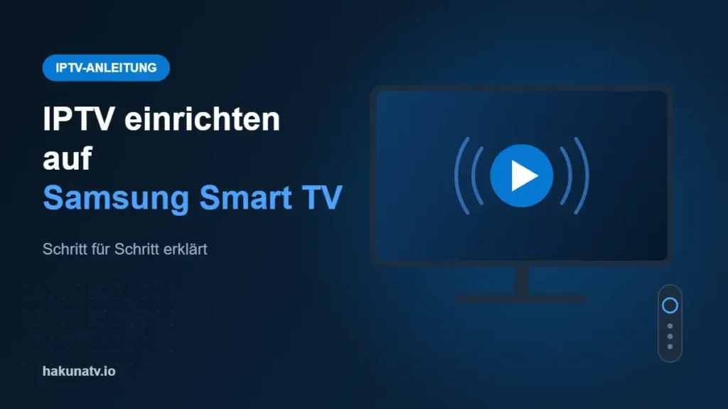 Illustration: Smart-TV auf einem Standfuß mit Fernbedienung, daneben der Text „IPTV einrichten auf Samsung Smart TV“